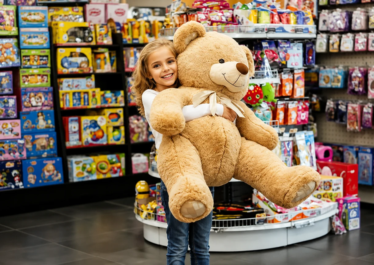 Loja de brinquedos com criança escolhendo produto
