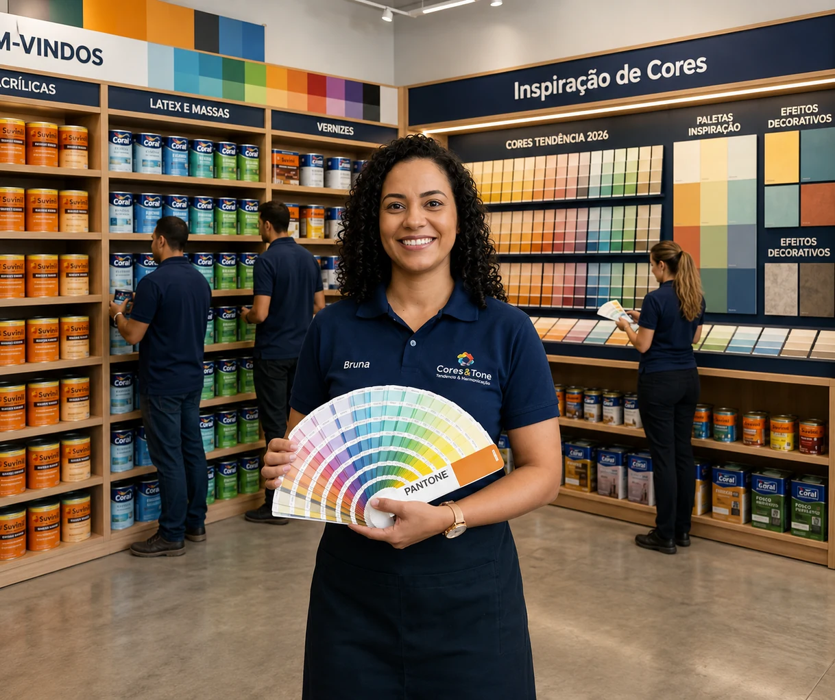 Loja de tintas com leque de cores e atendimento