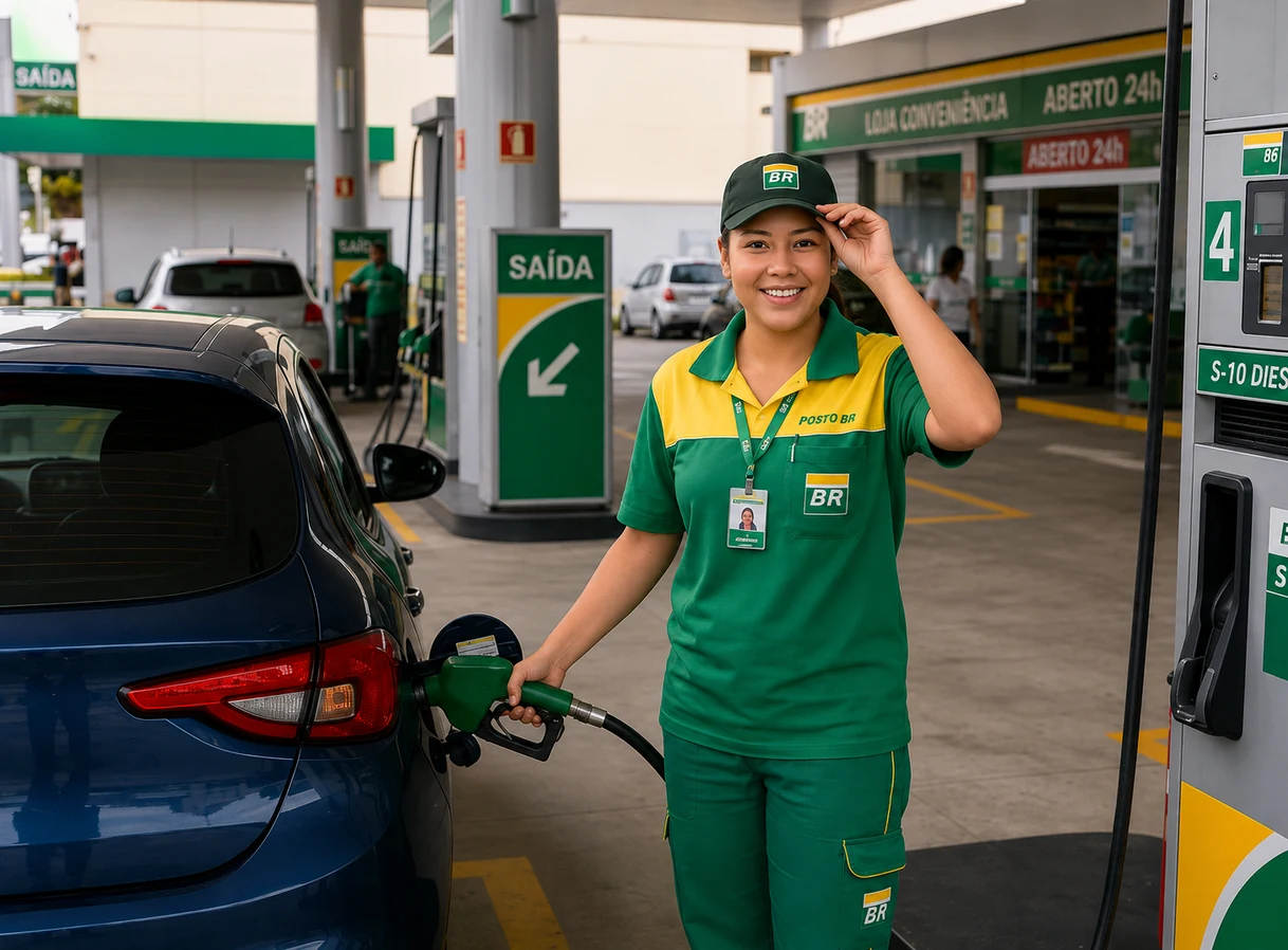 Posto de combustível com frentista abastecendo