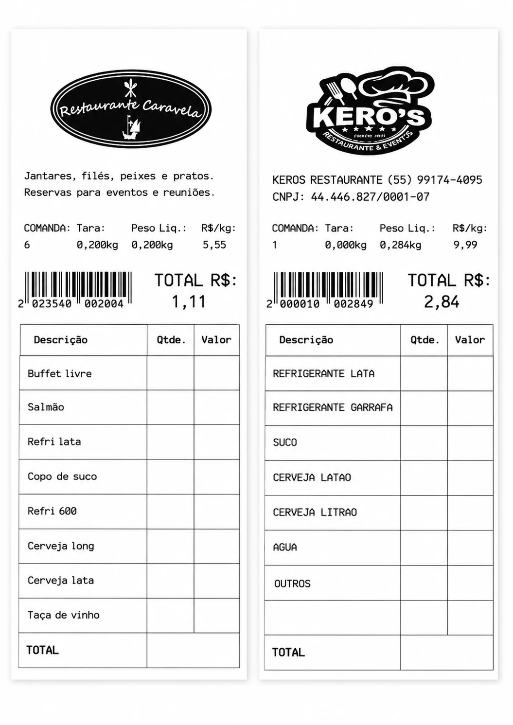 Comanda de restaurante impressa em etiqueta, com lista de itens e código de barras