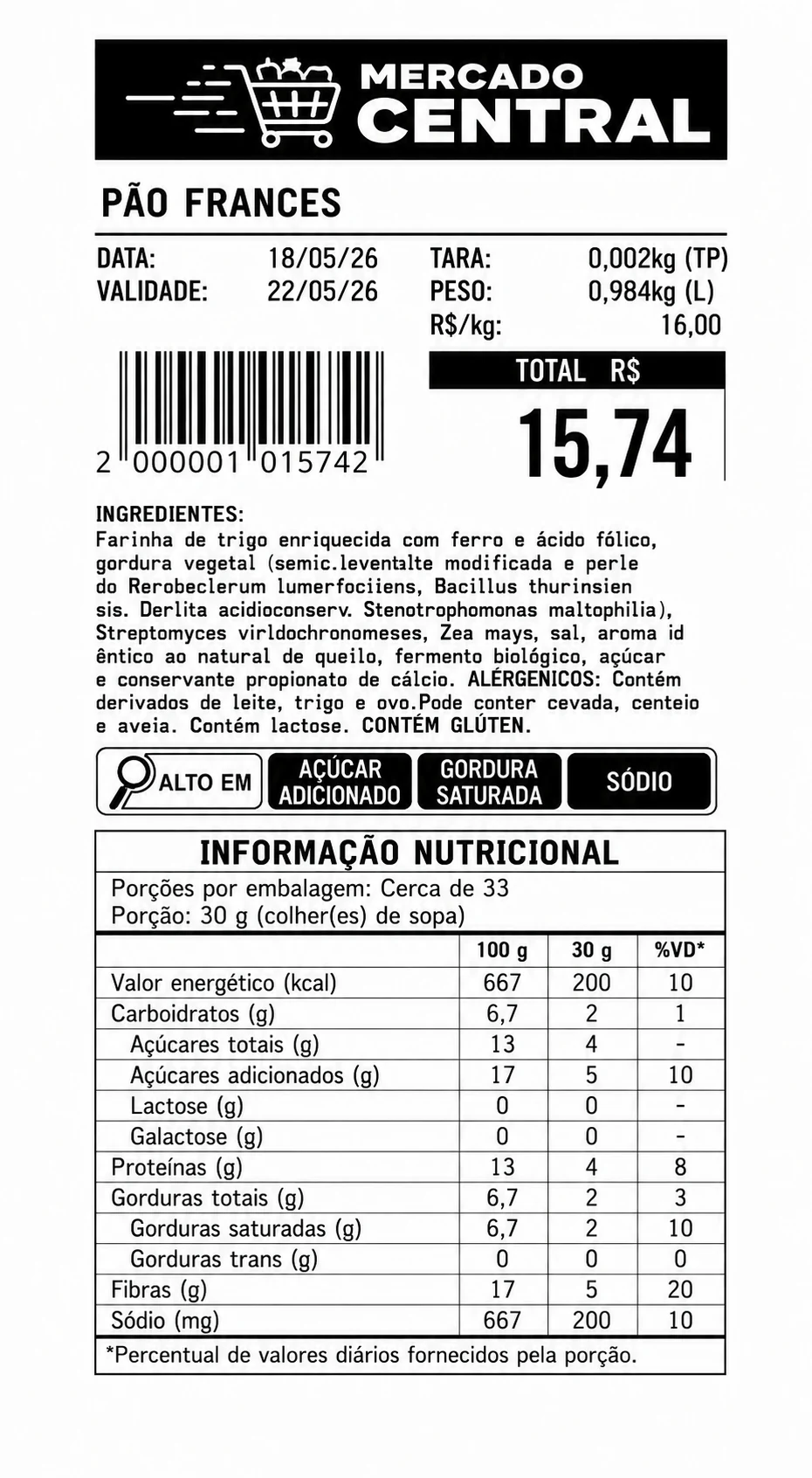 Etiqueta de balança de mercado com tabela nutricional e selos de alto em açúcar, gordura e sódio