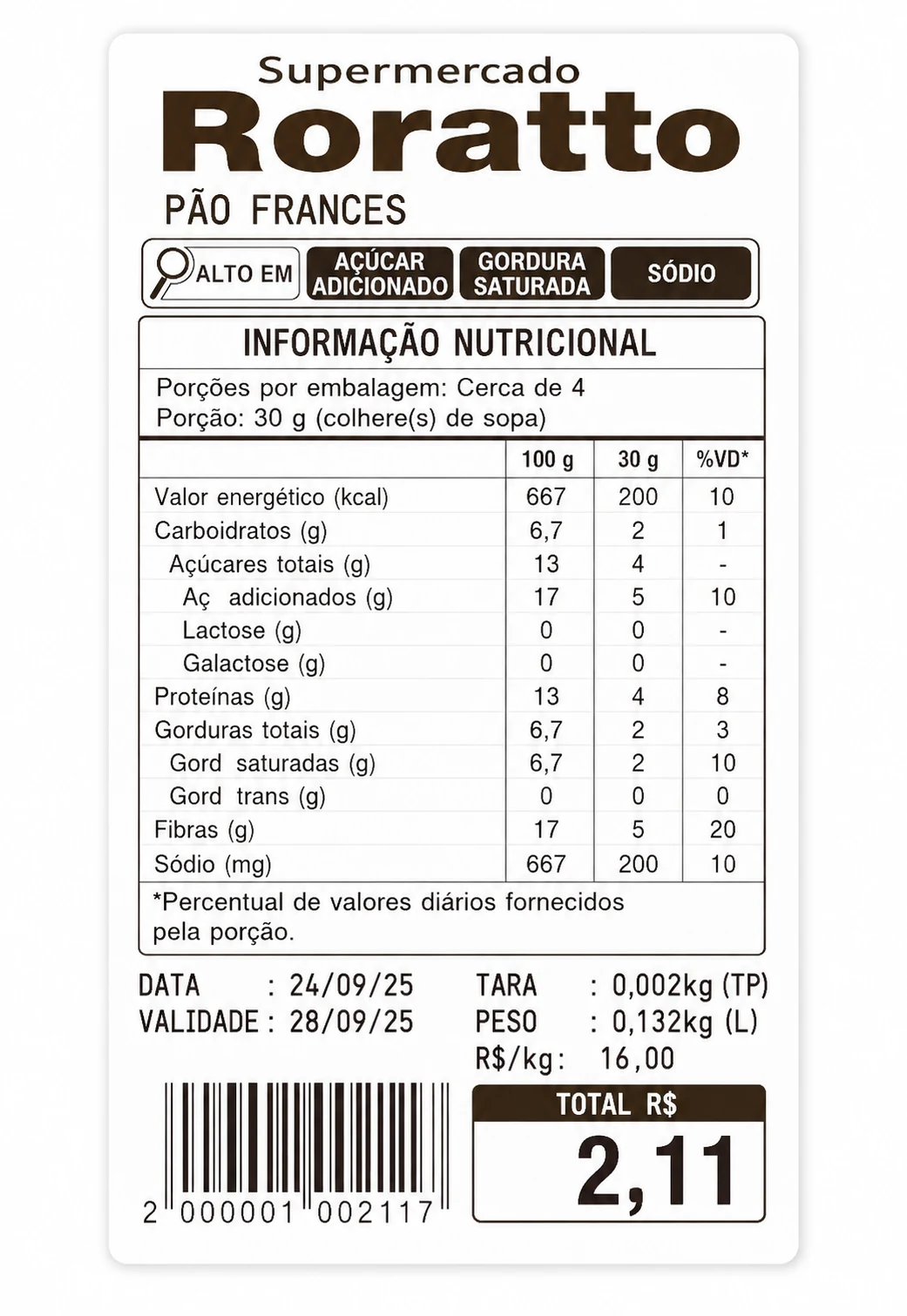 Etiqueta de balança com o logo do supermercado no topo e informação nutricional