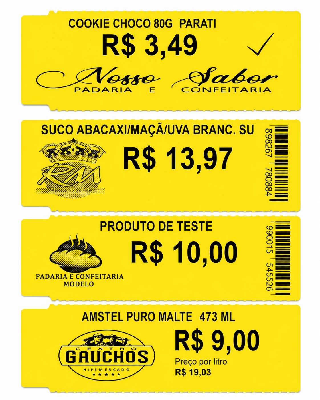 Etiquetas amarelas de gôndola com preço, logo do mercado e código de barras