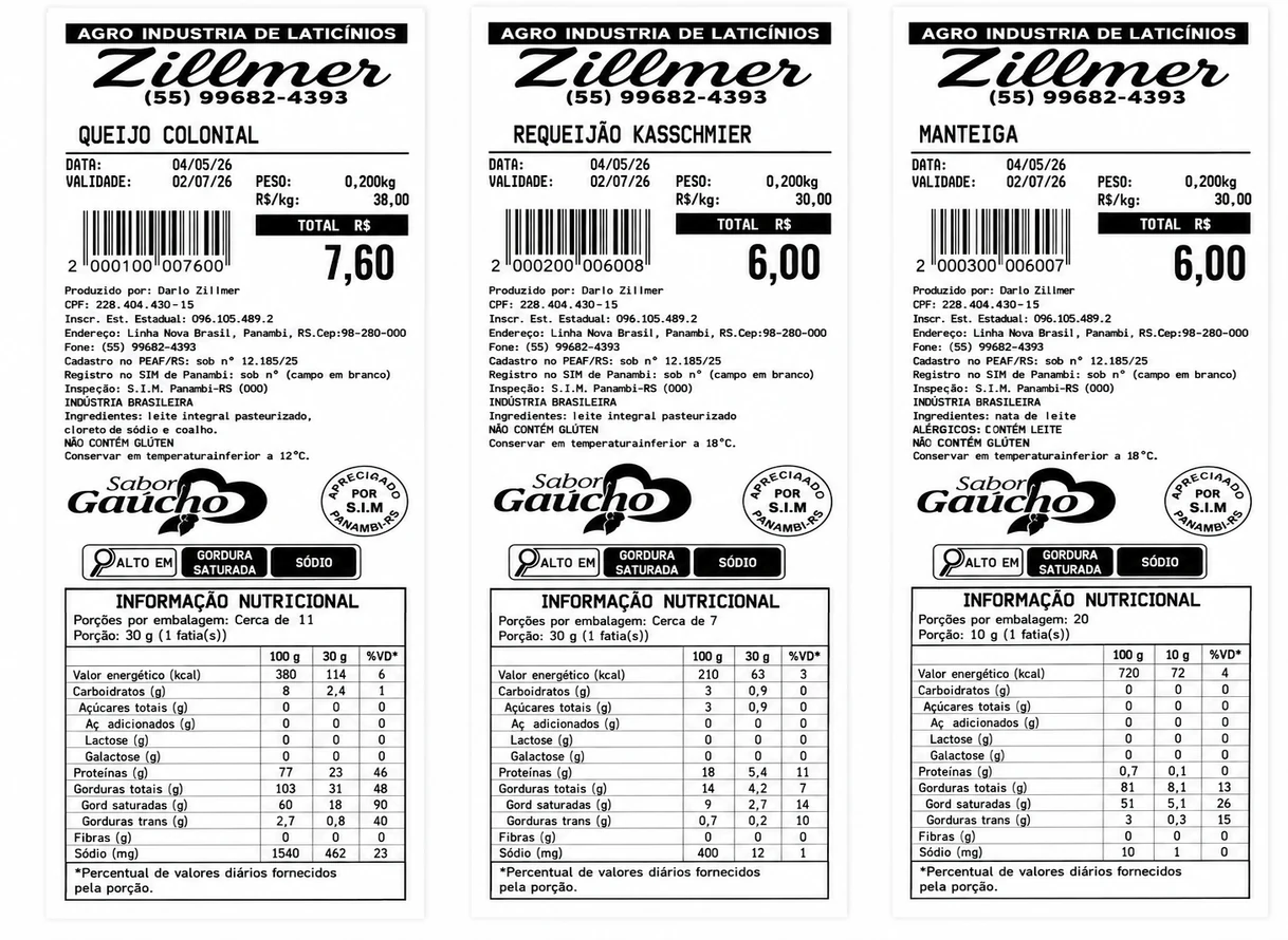 Etiquetas de laticínio com registro no SIM, ingredientes e informação nutricional