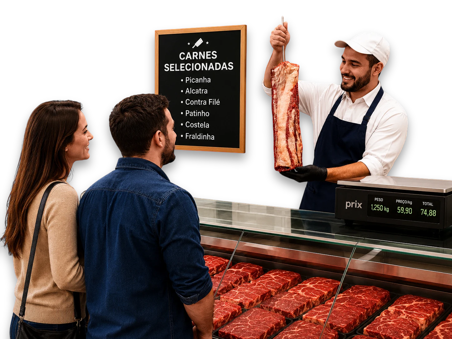 Atendimento em açougue com balança etiquetadora Prix e automação comercial