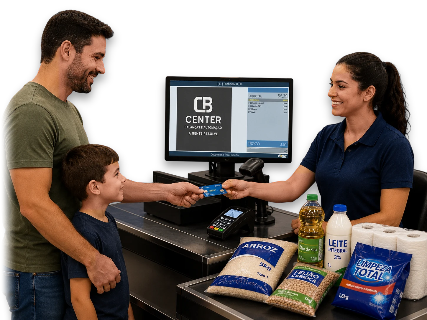 Caixa de supermercado com PDV, leitor de código de barras e pinpad de cartão