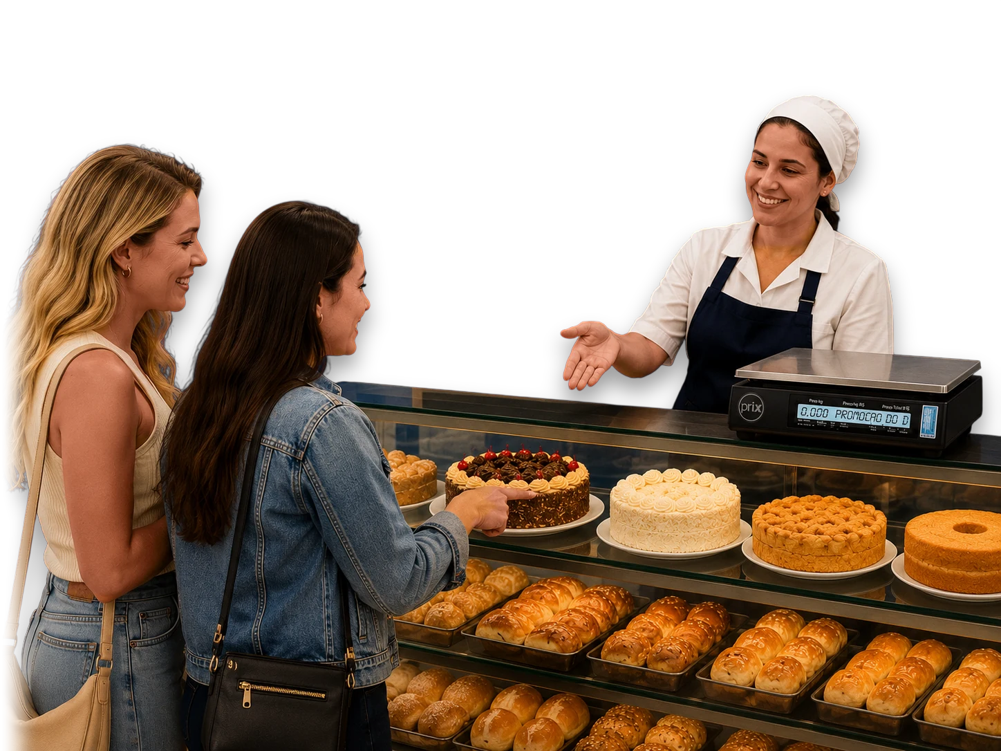 Atendimento em padaria com balança Prix no balcão de bolos e pães